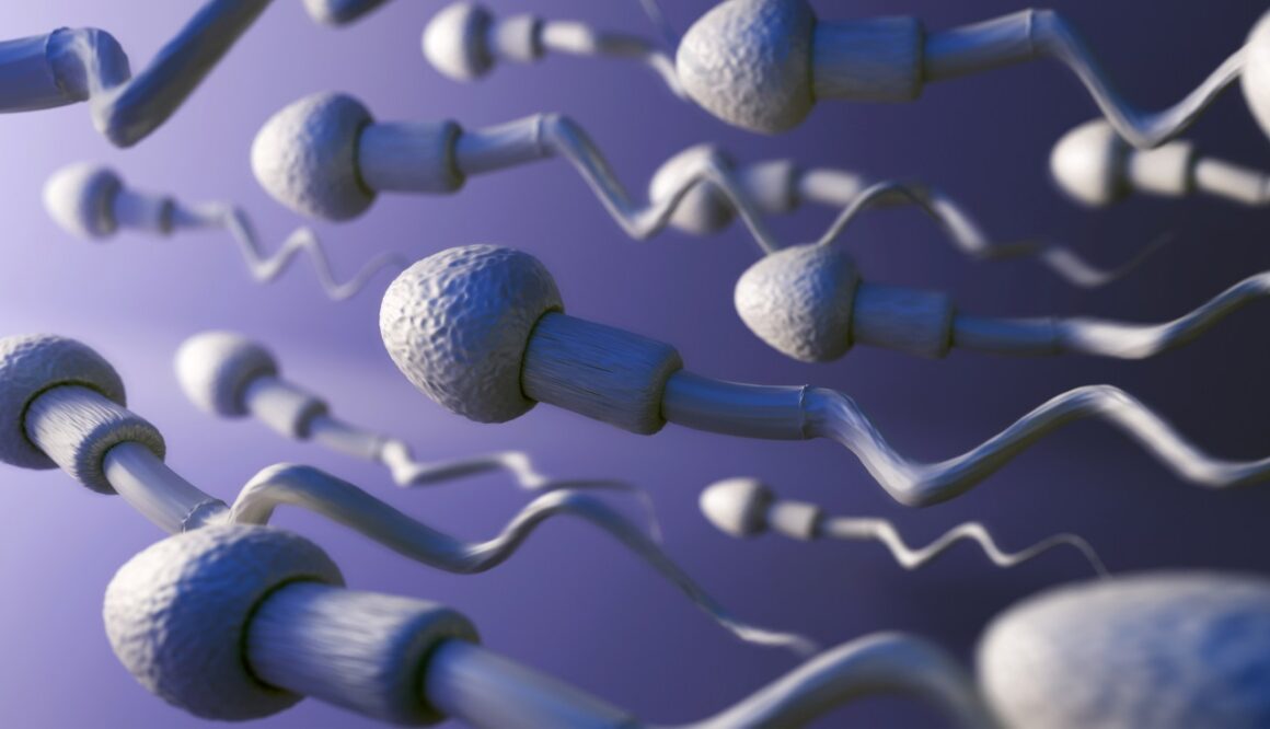 3d illustration of sperm cells swimming to the left