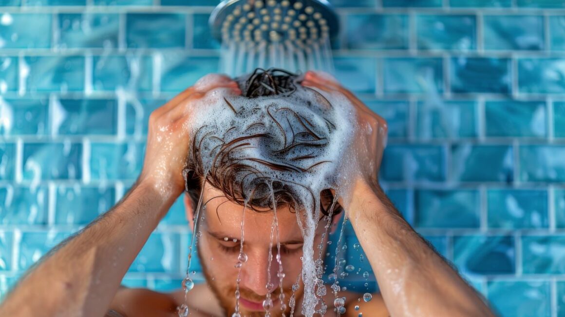 man showering washing his hair with shampoo