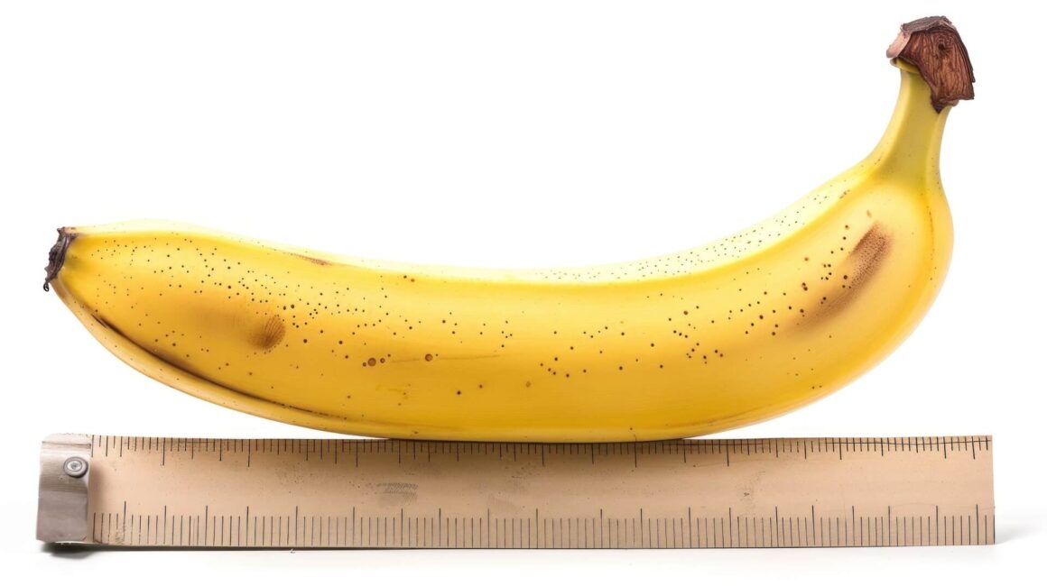 A yellow ripe banana with a centimeter