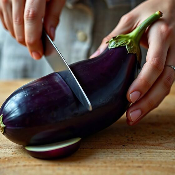 eggplant about to get sliced by a knife