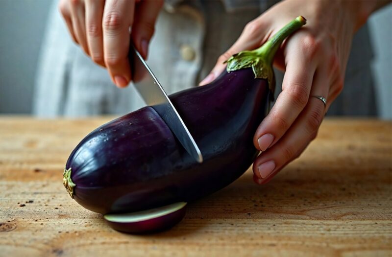eggplant about to get sliced by a knife
