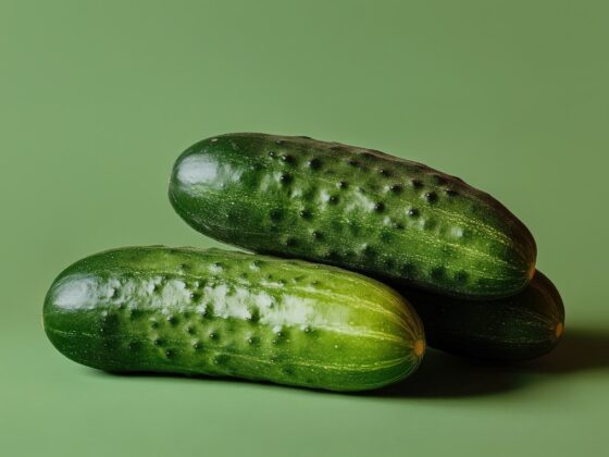 Fresh pimpled cucumbers arranged neatly on a green surface