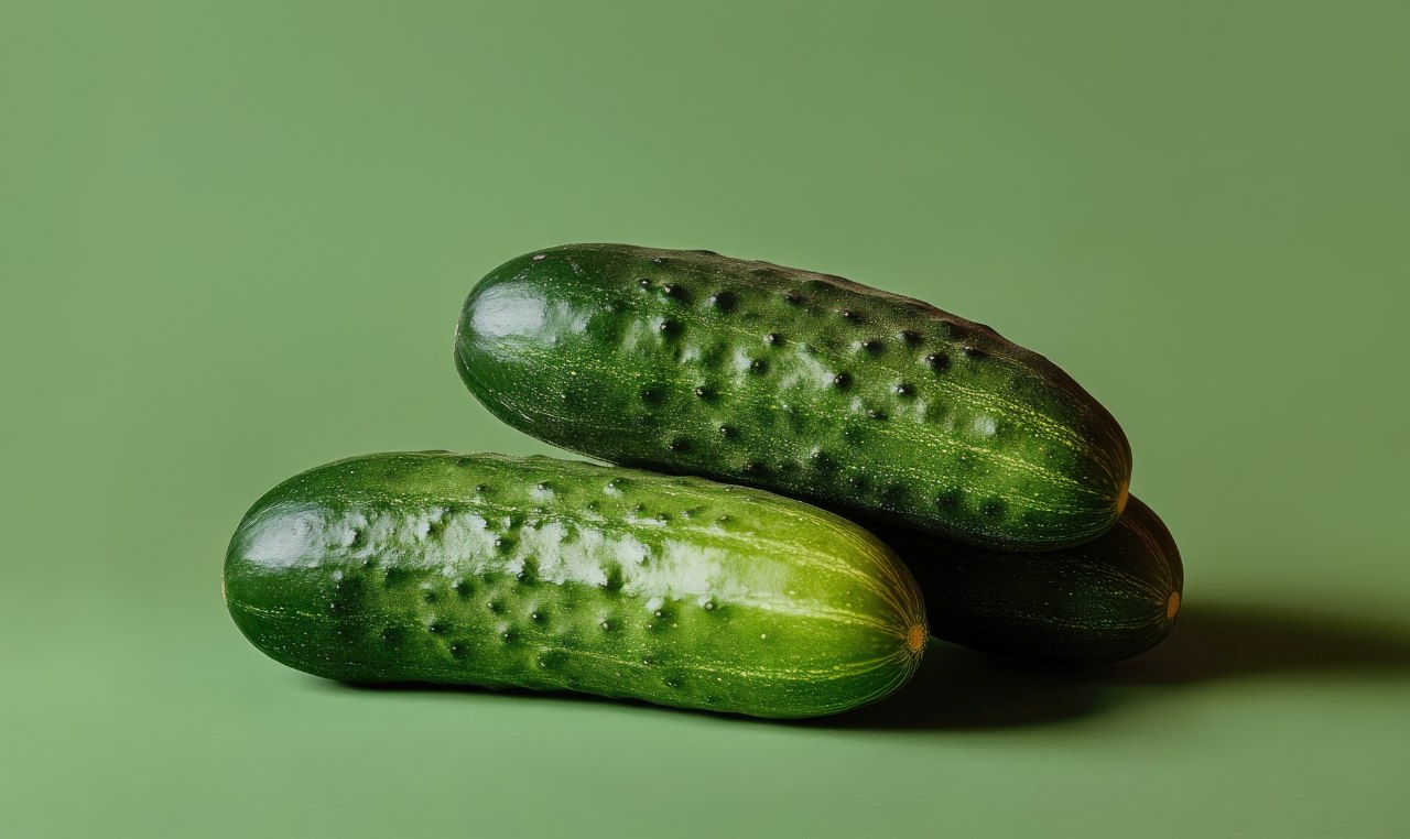 Fresh pimpled cucumbers arranged neatly on a green surface