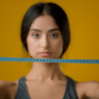 beautiful woman holding a blue colored tape measure