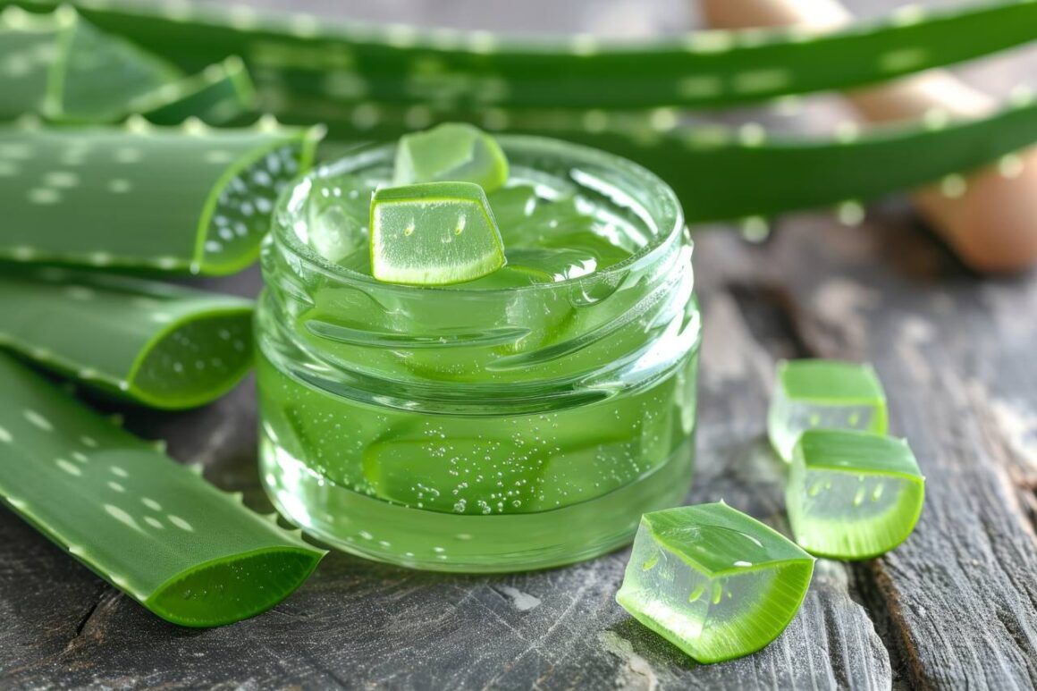 aloe gel in a cosmetic jar and fresh aloe leaves on a wooden table