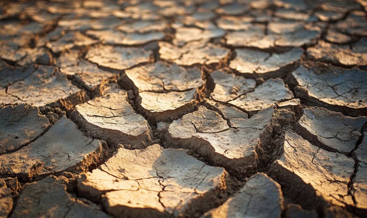 Drought-affected landscape with cracked soil