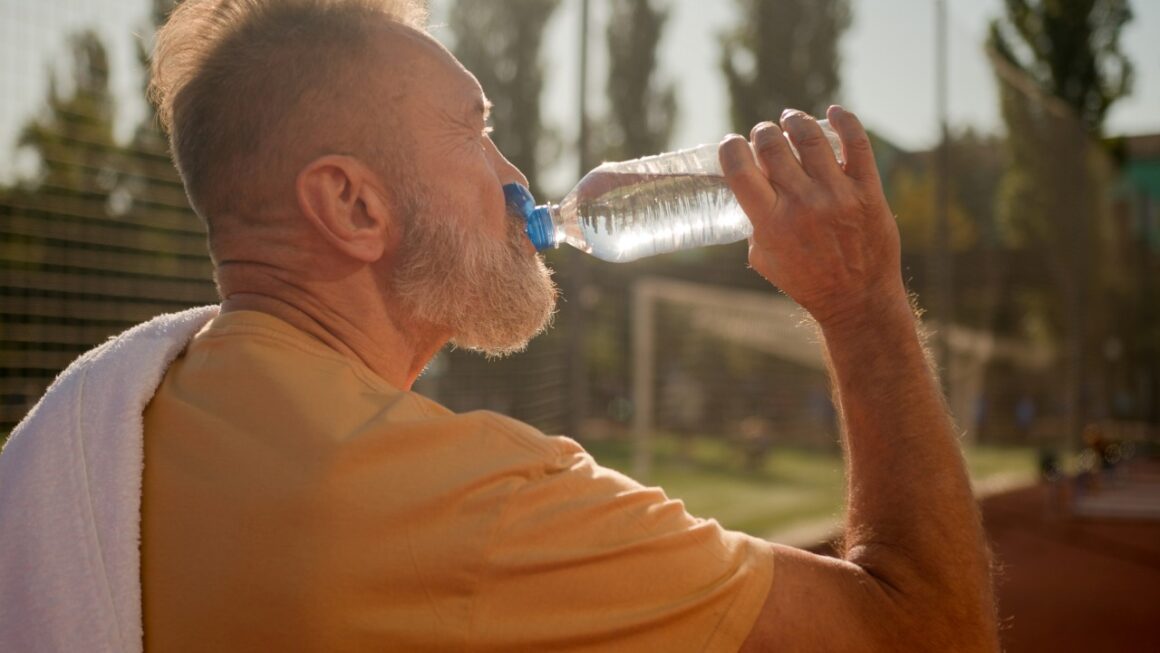 middle aged man drinking water to rehydrate