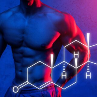 Muscular male torso and testosterone chemical formula