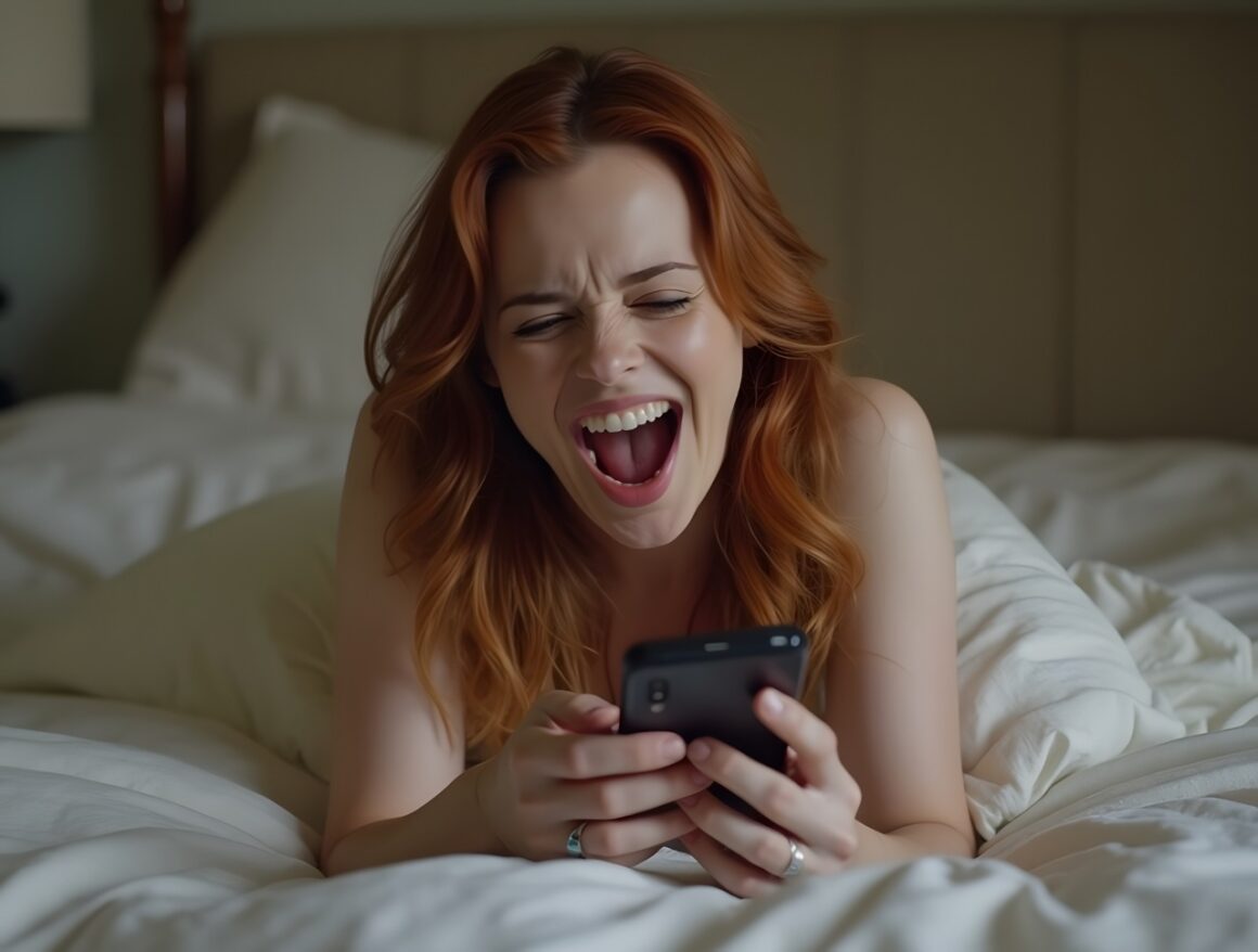 woman with red hair is laughing while using her phone