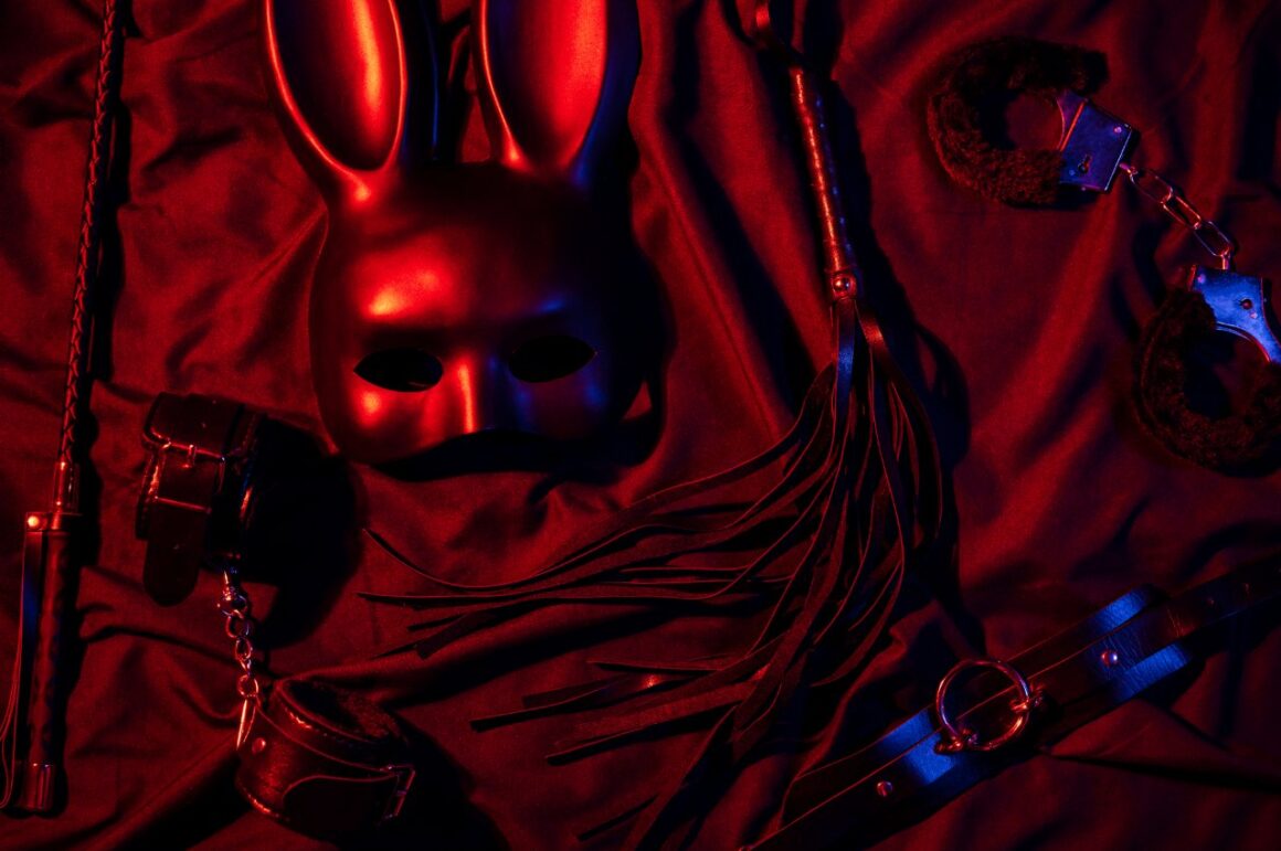 Handcuffs, mask and leather flogger whip on a red background