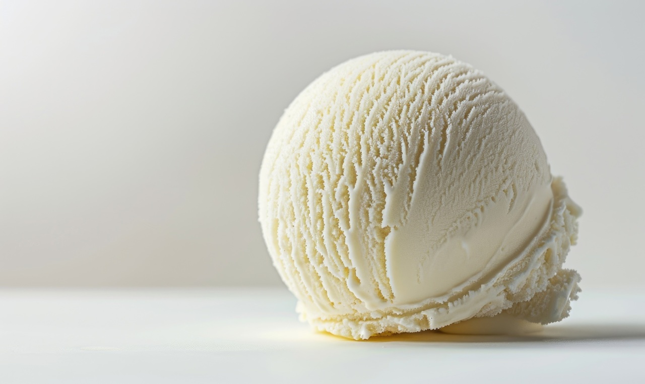close up shot of a scoop of vanilla ice cream