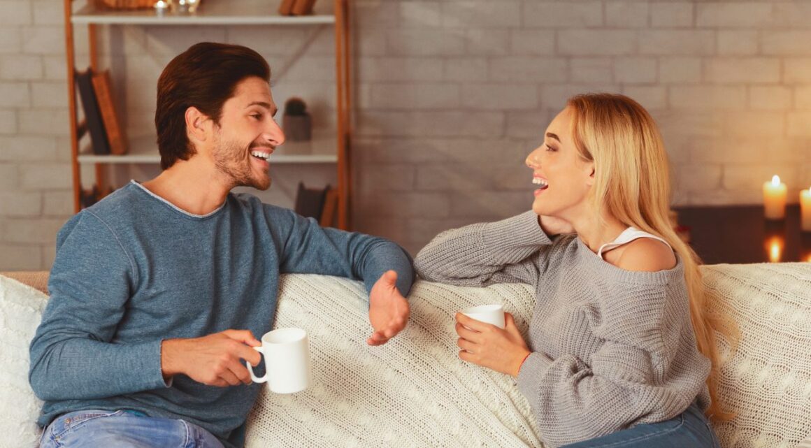 happy couple spending time together while drinking tea