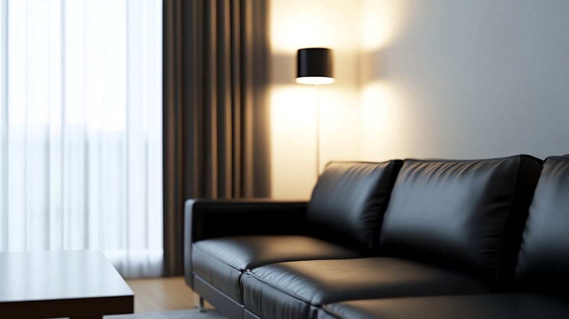 modern living room with black leather couch