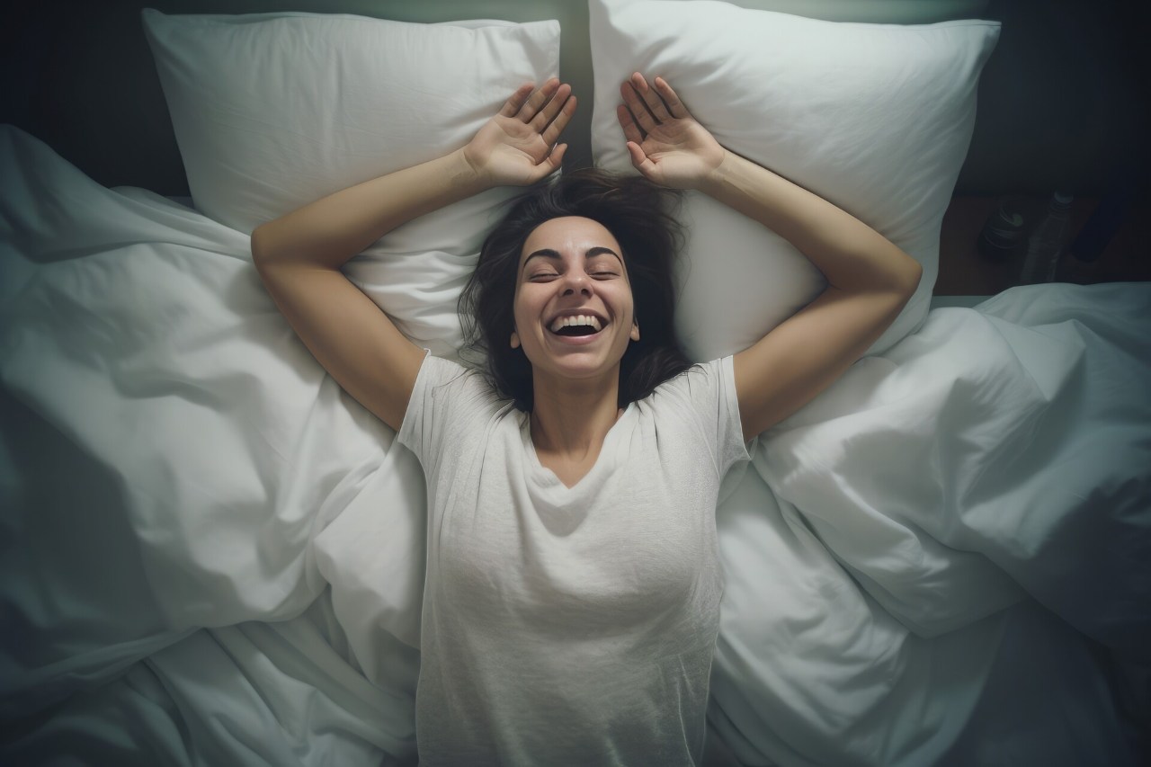 woman in bed with a satisfied look on her face