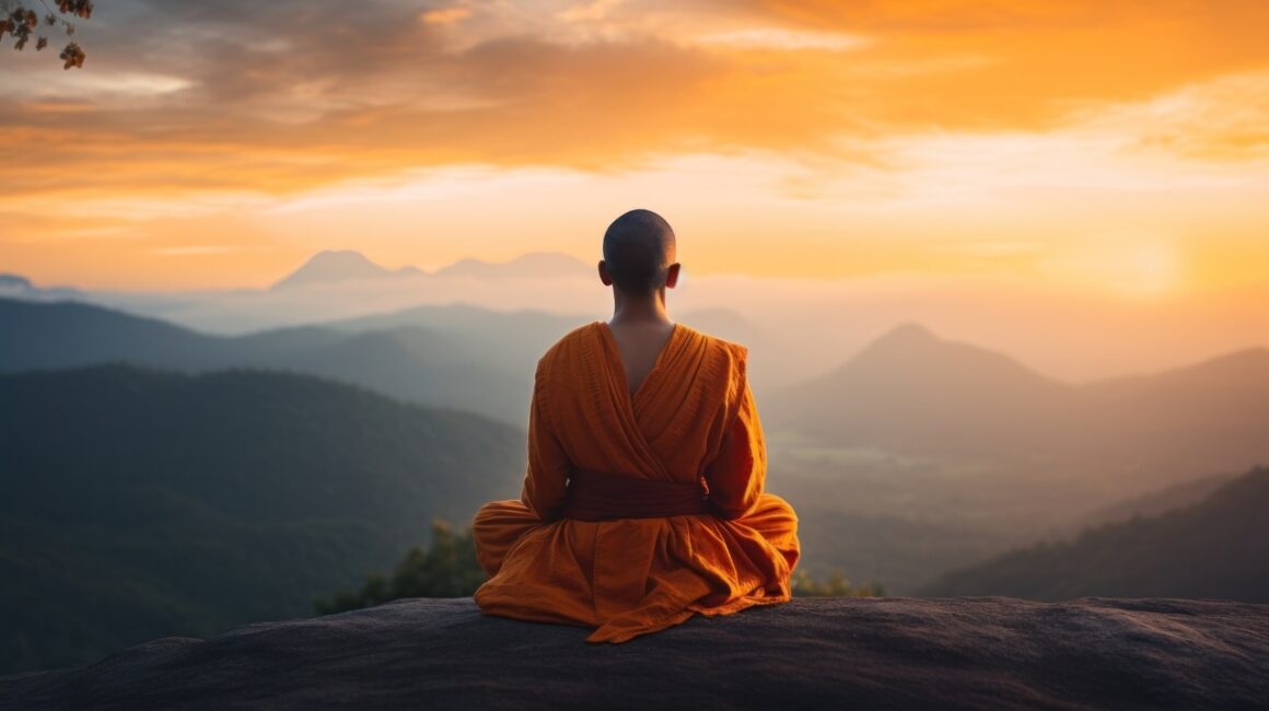 monk sitting on a rock, meditating
