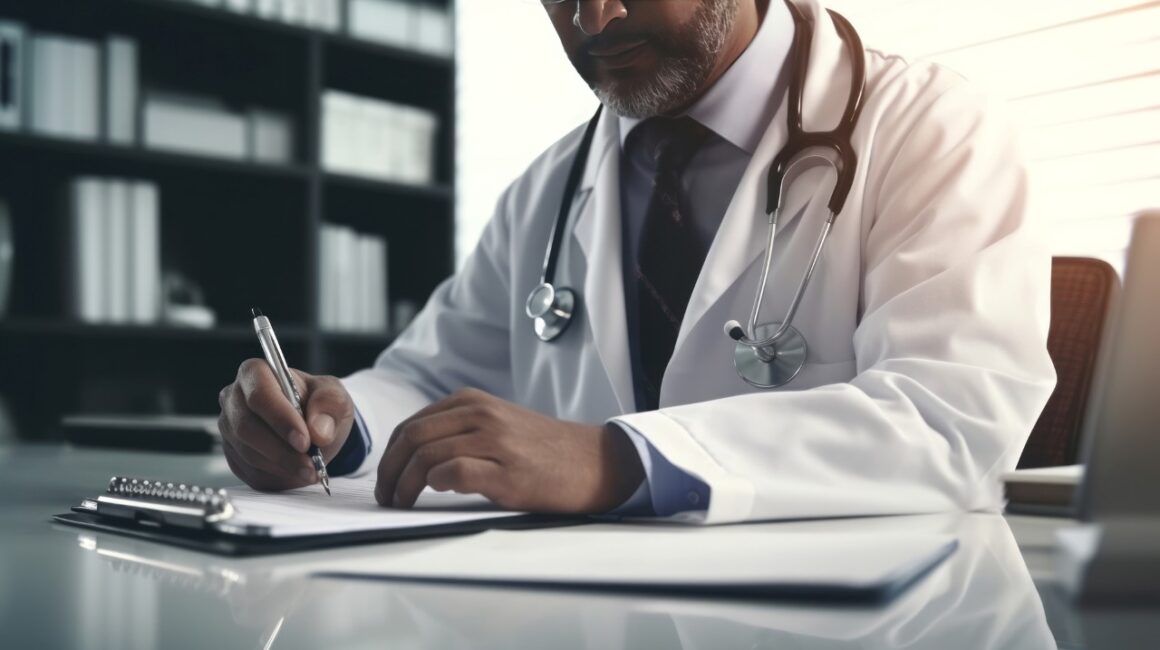 doctor sitting and writing on a clipboard