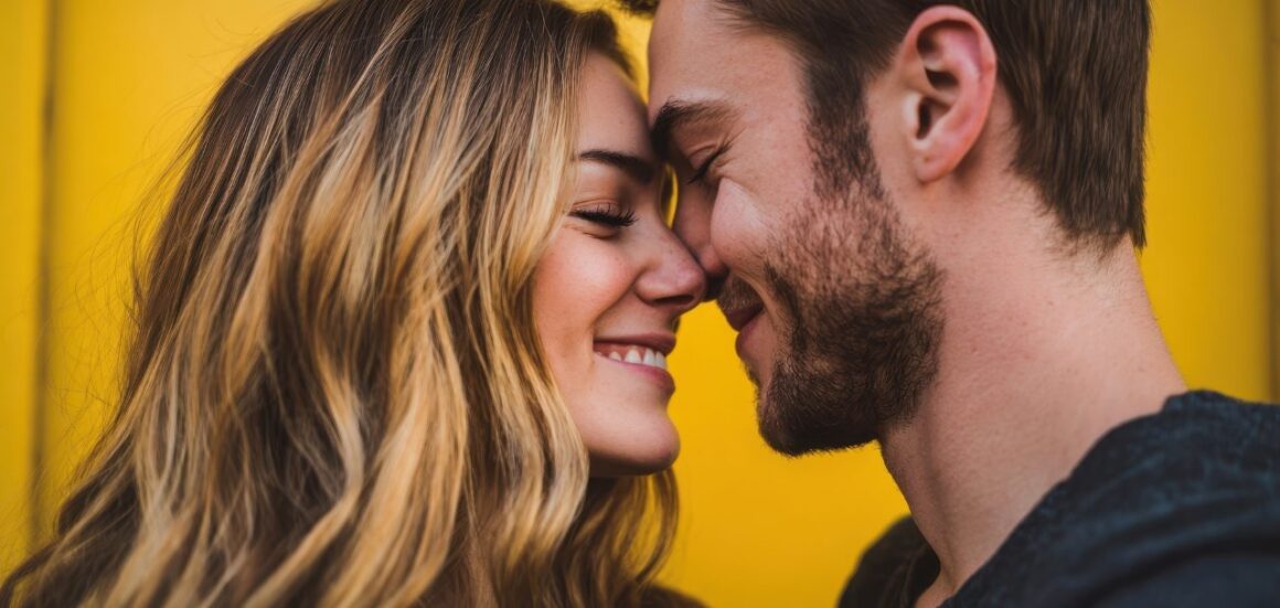 beautiful woman and man flirting