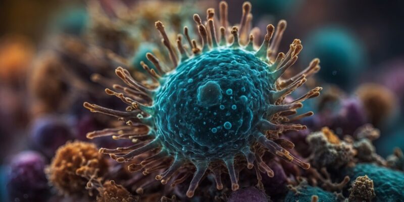 microscopic cell with many different colors