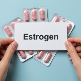 Woman hands holding estrogen card