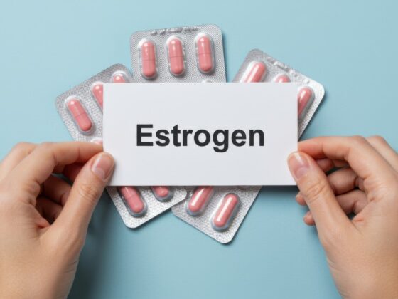 Woman hands holding estrogen card