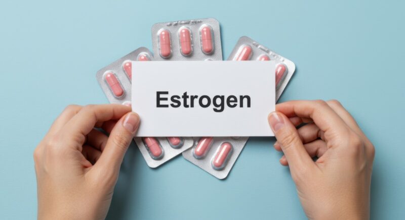 Woman hands holding estrogen card