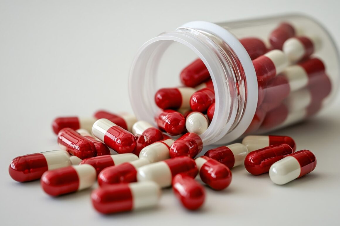 
Red and white capsules spilling from a prescription bottle
